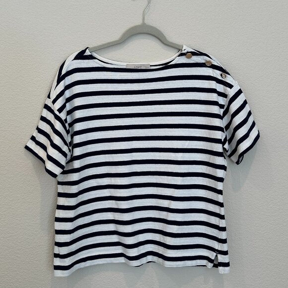 LOFT Navy and White Stripe Top with Gold Shoulder Buttons - Picture 1 of 4